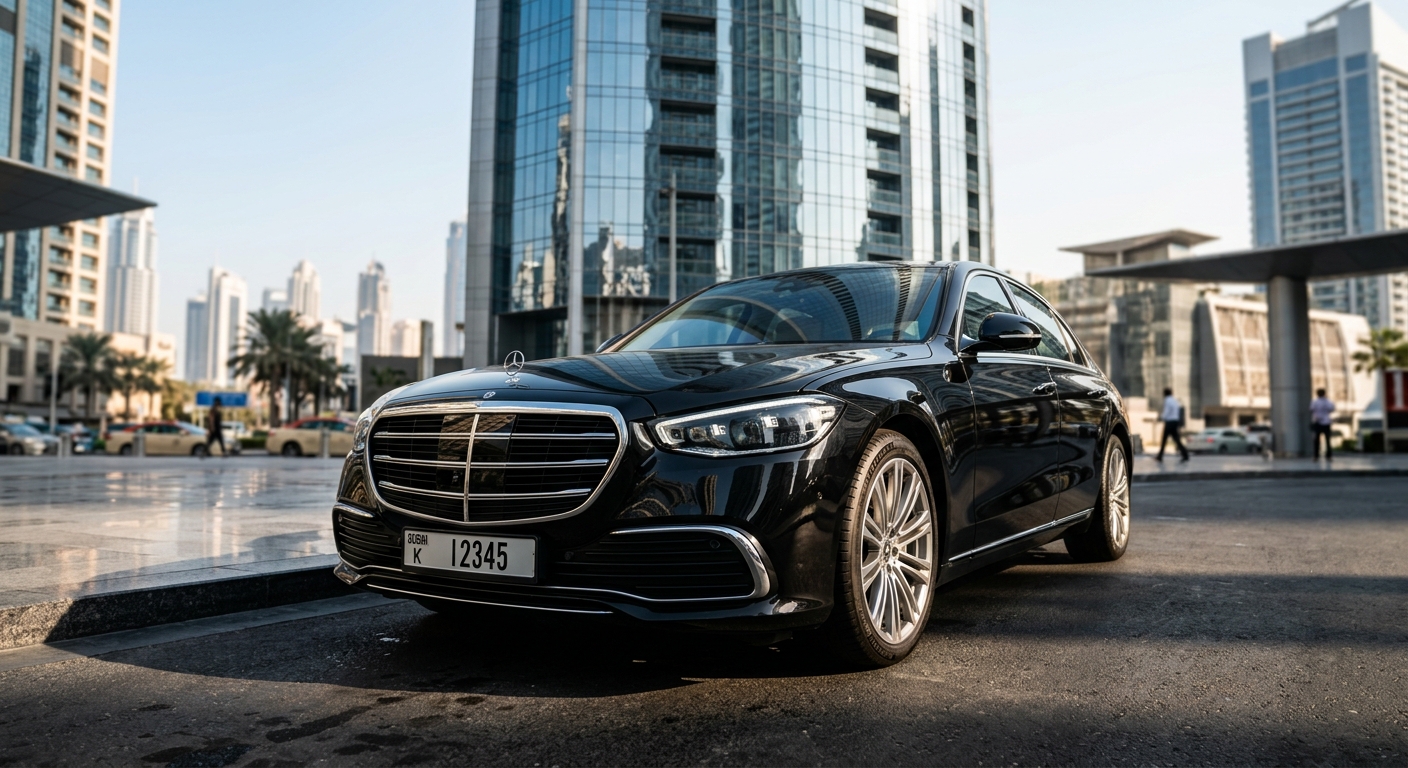רכב יוקרה מרצדס S-Class שחור חונה על רקע גורדי שחקים מודרניים בדובאי